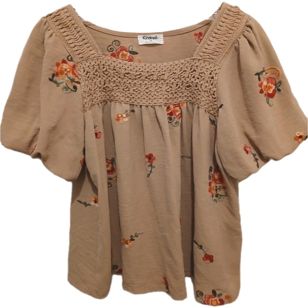 Anthropologie Kindred Embroidered Boho Peasant Blouse Top M Tan Floral Western - Picture 2 of 16